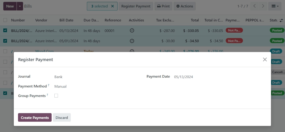 Popup-fönster för betalning av register för batchfakturering.