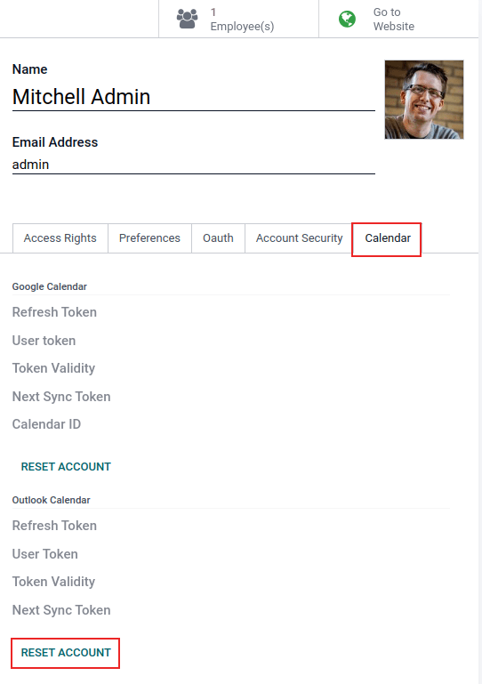 Återställningsknappar markerade på användarens kalenderflik.