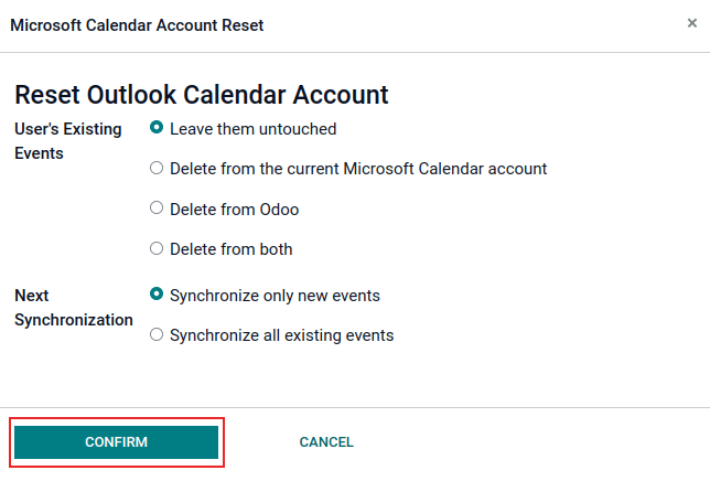 Alternativ för återställning av Outlook-kalender i Odoo.
