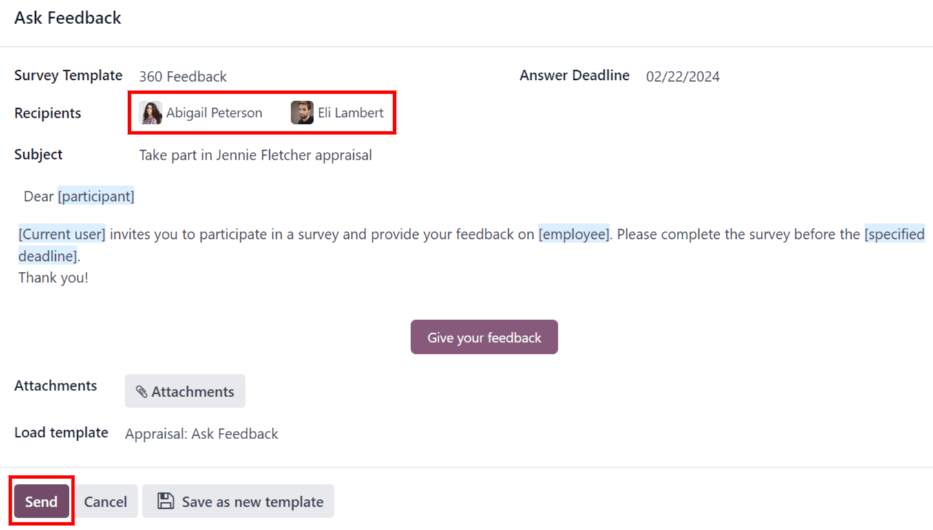 请求其他员工提供反馈时弹出的电子邮件。