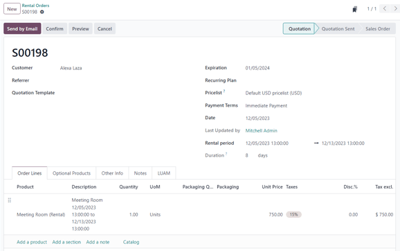 Odoo 租賃應用程式中，已填寫的租賃訂單範例。