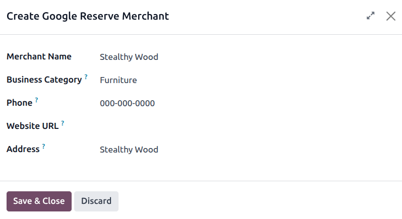 A create new google merchant form in the Appointments app.