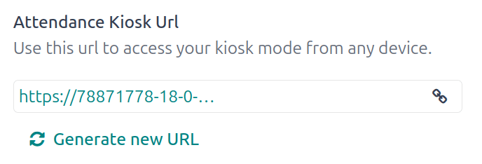 Das Feld „Kiosk-URL für Anwesenheiten“ im Bereich Einstellungen der Anwesenheiten-App.