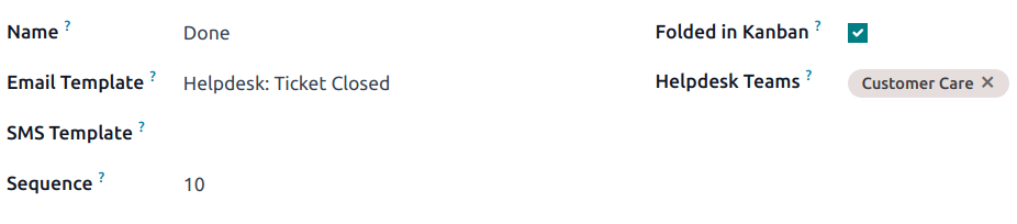 Ansicht der Einstellungsseite der Phasen in Odoo Kundendienst.