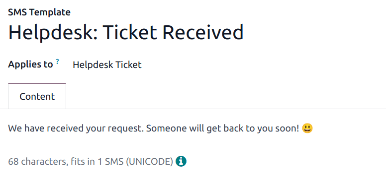 Ansicht der Einstellungsseite einer SMS-Vorlage in Odoo Kundendienst.