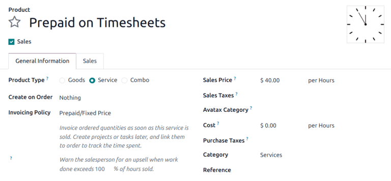 Ansicht eines Dienstleistungsprodukt mit der Abrechnungspolitik auf „Vorkasse/Festpreis“.