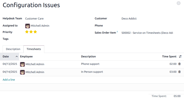 Ansicht des Zeiterfassungsreiters auf Kundendiensttickets.