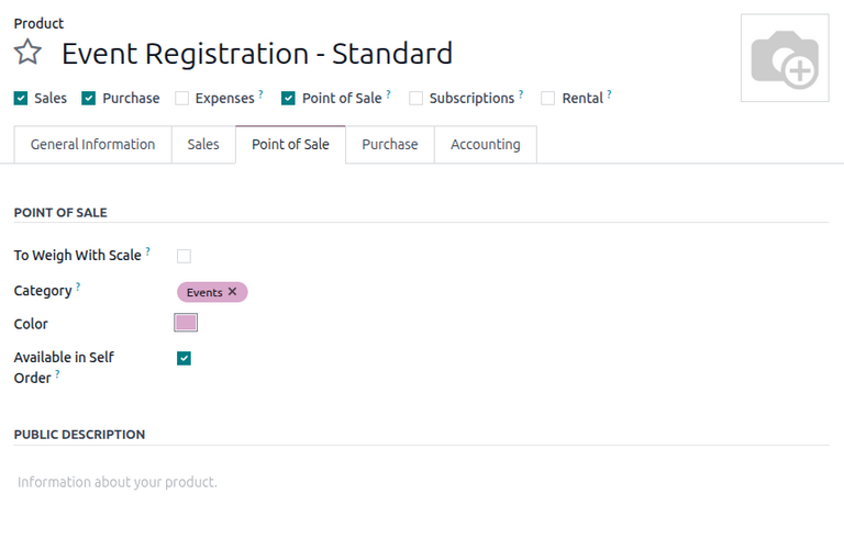 View of an event registration product form configured to allow POS sales.