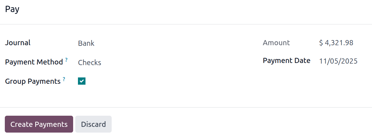 The pay pop-up window filled out for multiple reimbursements via checks.