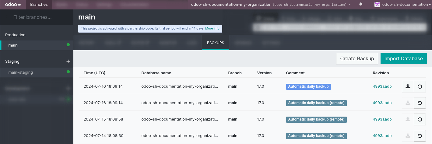 La pestaña de respaldos de la rama