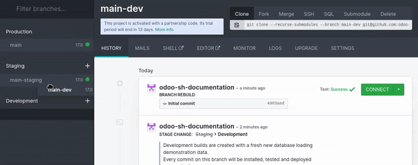 Fusión de una rama de desarrollo en una rama de prueba.