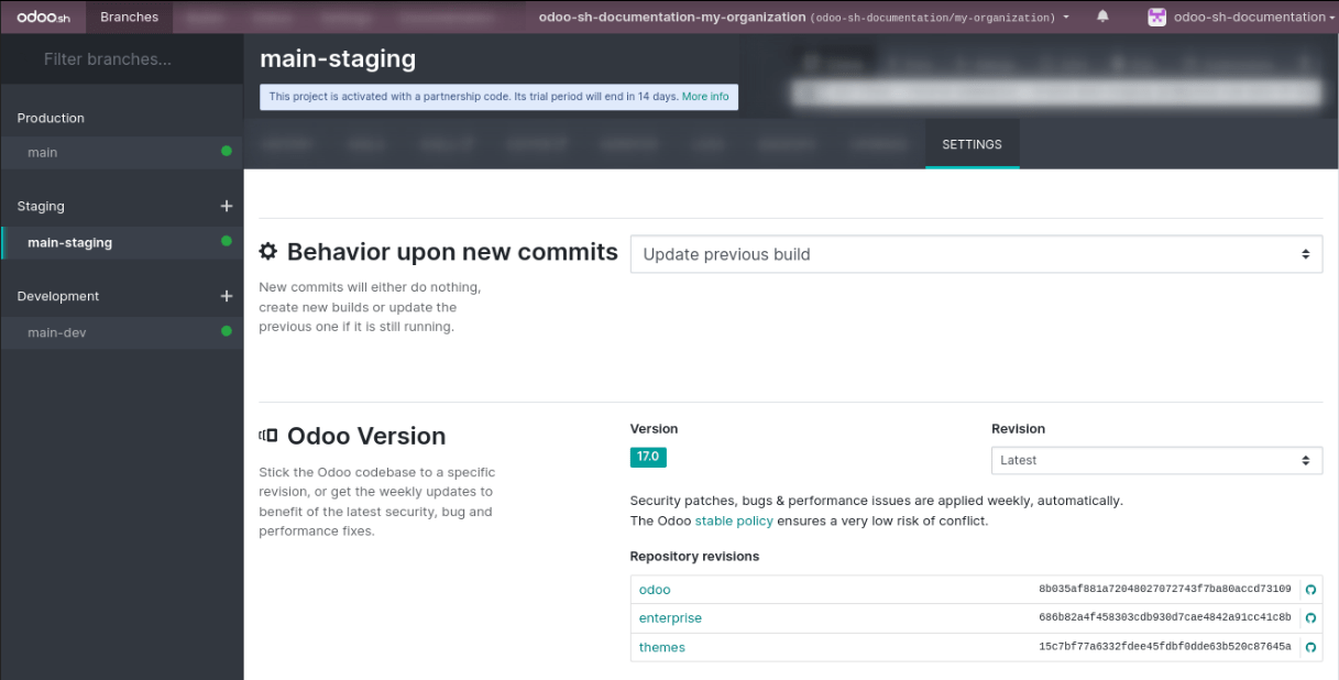 La pestaña de ajustes de la rama