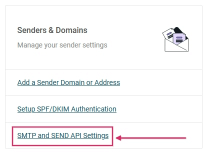 Lien des paramètres SMTP et Send API dans la section Expéditeurs & Domaines de Mailjet.