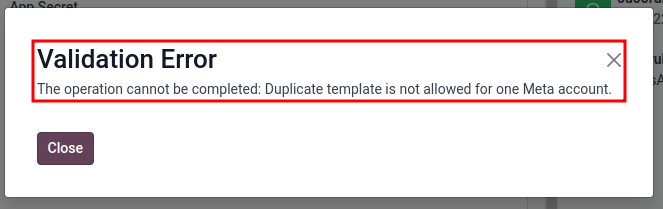 Error message displayed in Odoo when a duplicate template exists.