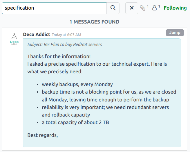 Search results in a chatter thread emphasising the search icon and the jump button.