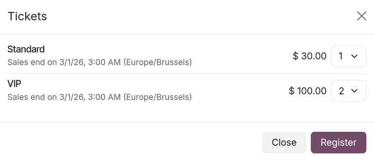 The tickets pop-up window that appears on the event's website when 'Register' is clicked.