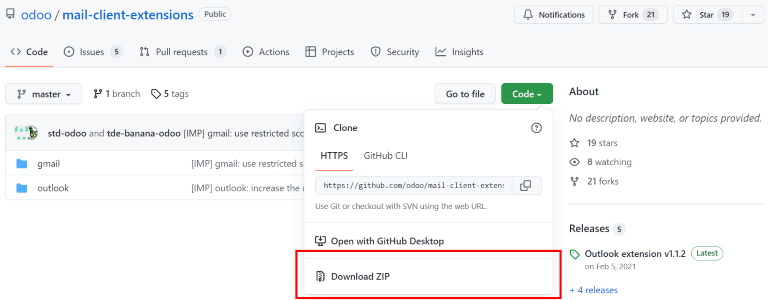 메일 플러그인용 Odoo GitHub 저장소에서 ZIP 파일을 다운로드하세요.