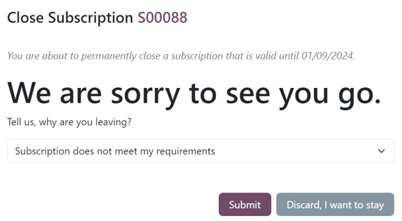 Het pop-upvenster voor het sluiten van een abonnement dat klanten te zien krijgen bij het sluiten van een abonnement.