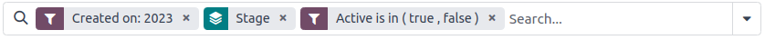 De zoekcriteria voor winst/verlies-rapporten is Gemaakt op, Stadium en Actief is in true false.