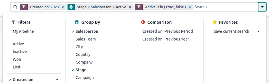 Als je op de pijl omlaag naast de zoekbalk klikt, verschijnt er een menu met filters voor de analyse.
