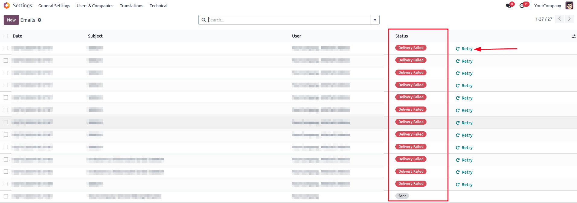 Voorbeeld van de technische e-mailwachtrijweergave.