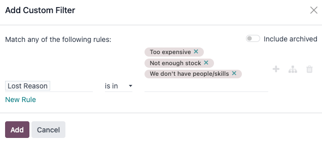 Pop-up "Adicionar filtro personalizado" com vários motivos de perda selecionados.