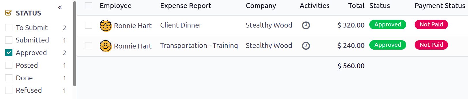 Vizualizați rapoarte de postat făcând clic pe rapoarte de cheltuieli, apoi rapoarte de postat.