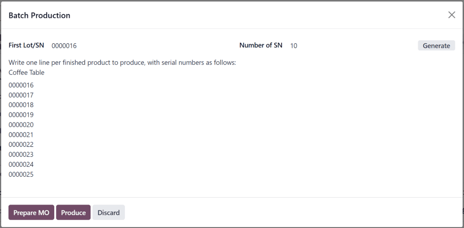 Fereastra pop-up „Producție în lot”, din care pot fi atribuite numere de serie.