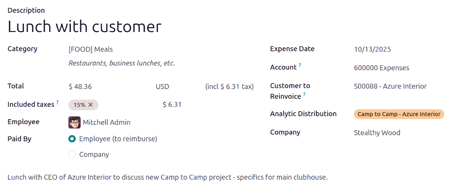 Un formular de cheltuieli completat pentru un prânz pentru client.