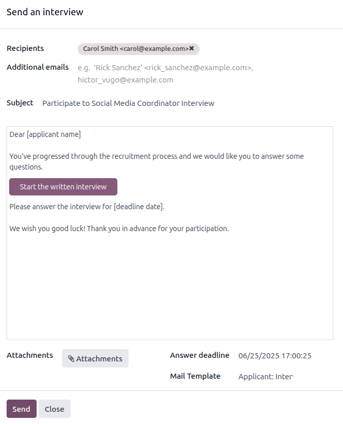 Trimiteți un sondaj personalizat, denumit și formular de interviu, unui candidat folosind un șablon predefinit.