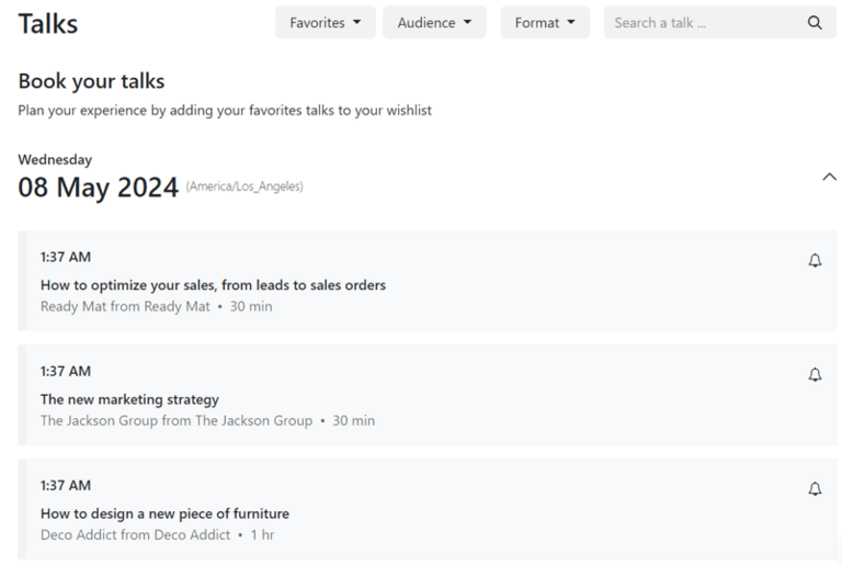 Pagina Prezentări pe un site de eveniment construit cu aplicația Odoo Events.