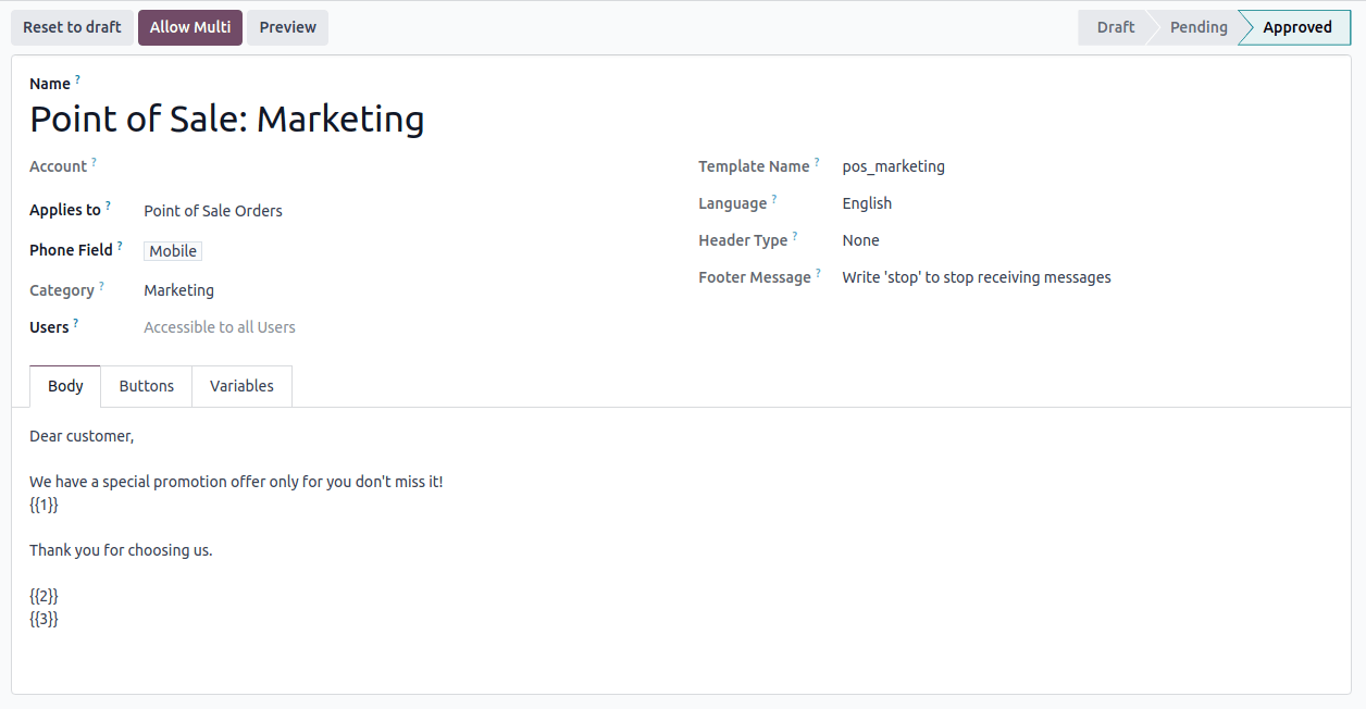 șablon WhatsApp aprobat și configurat pentru utilizări de marketing