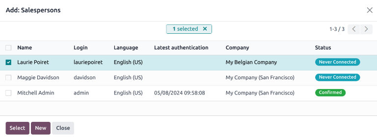 Popup-fönstret Add: Salespersons på ett nytt säljteam.