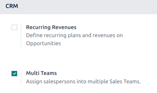 Inställningssidan för CRM-appen med inställningen Multi Teams aktiverad.