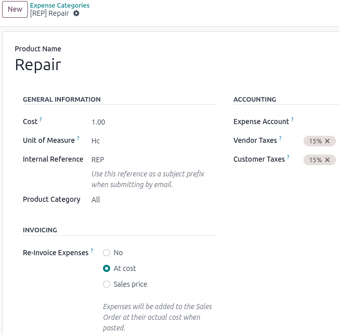 Sample of the Expense Category form in the Expense app.