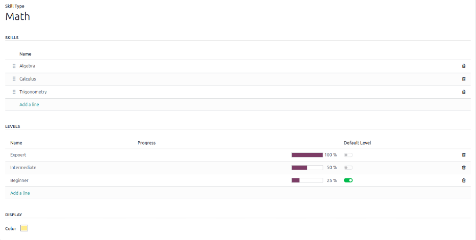 Ett färdighetsformulär för en färdighetstyp i matematik, med all information inmatad.