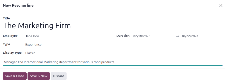 Ett formulär för inmatning av CV med all information ifylld.