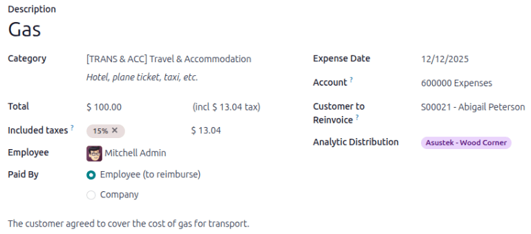 Sample of a complete expense form in the Expense app.