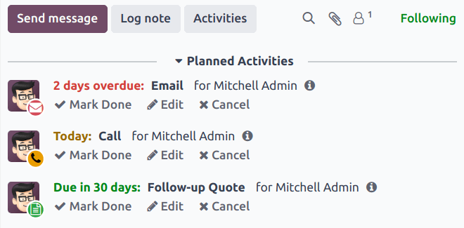 เธรดช่องแชทที่มีกิจกรรมต่างๆ ที่วางแผนไว้และมีวันครบกำหนดส่งที่แตกต่างกัน