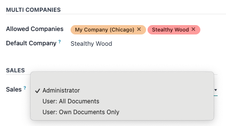 เมนูแบบเลื่อนลงในแอปการขายเพื่อกำหนดระดับสิทธิ์ของผู้ใช้