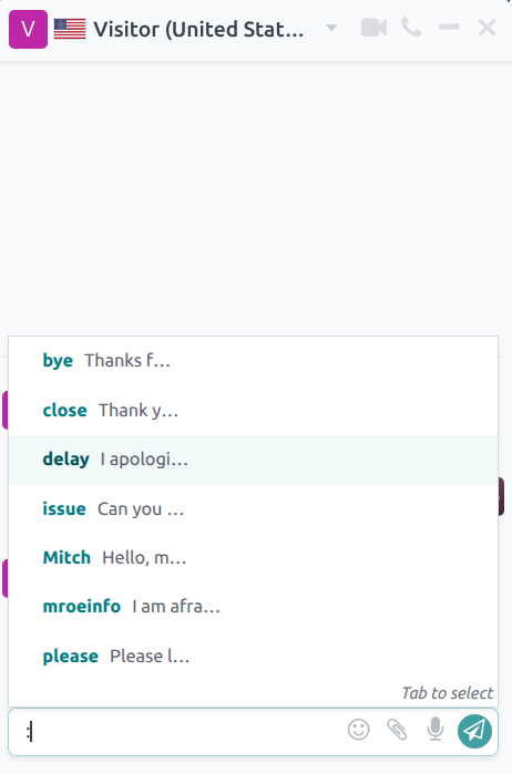 A live chat window with a list of all available canned responses.
