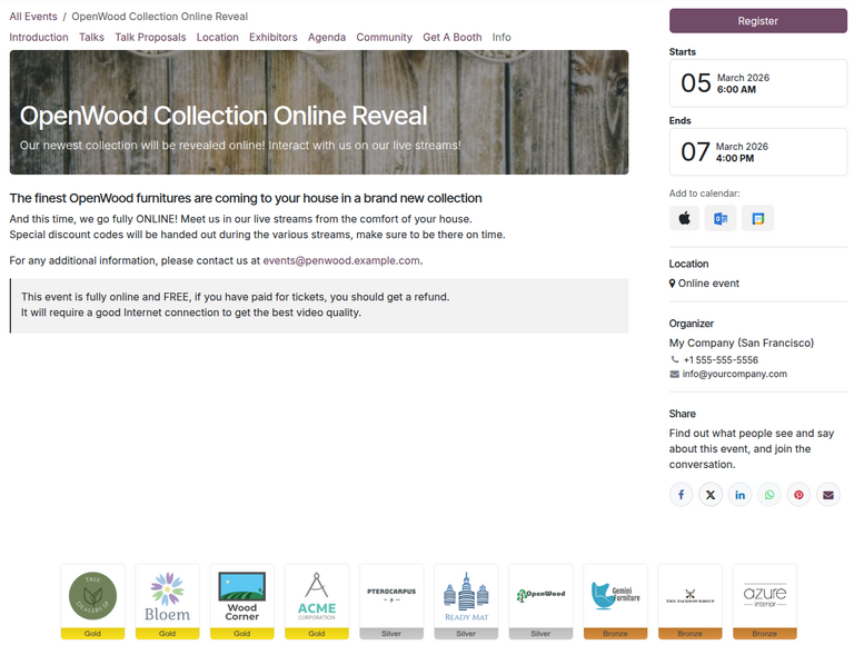 Event sponsors logos in footer in Odoo Events.