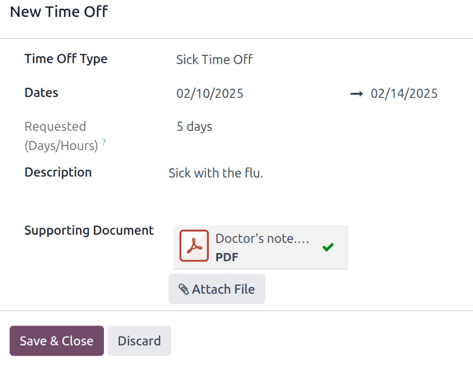 A time off request form filled out for an employee home sick with the flu.