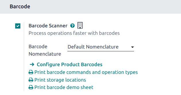 在库存应用程序设置中启用条形码功能。