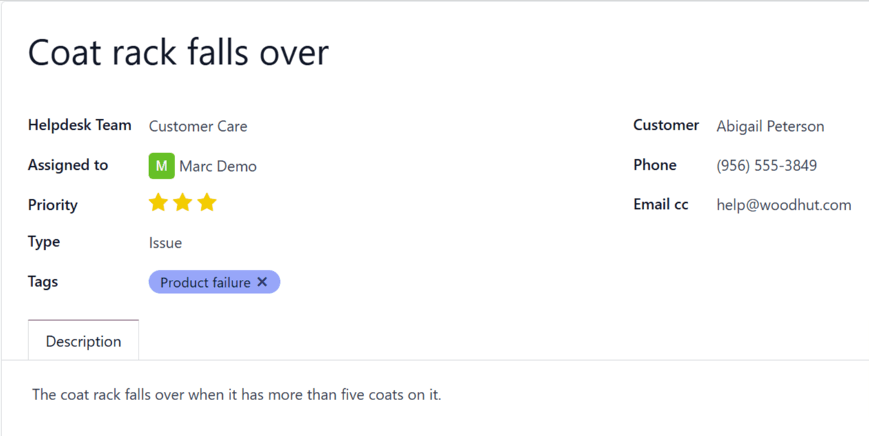 关于衣帽架产品问题的服务台工单。