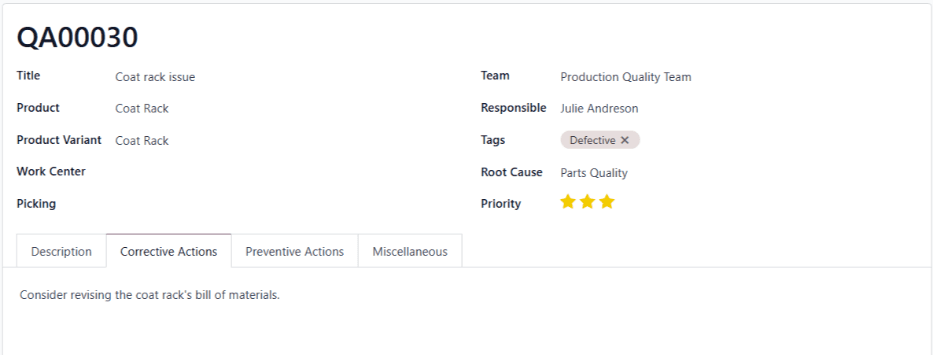 已创建关于衣帽架产品问题的质量警报。