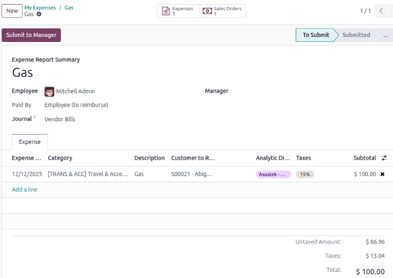 Sample of an expense report in the Expense app.