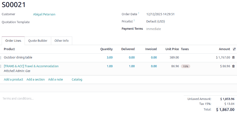 点击进入后，查看销售订单上列出的费用。
