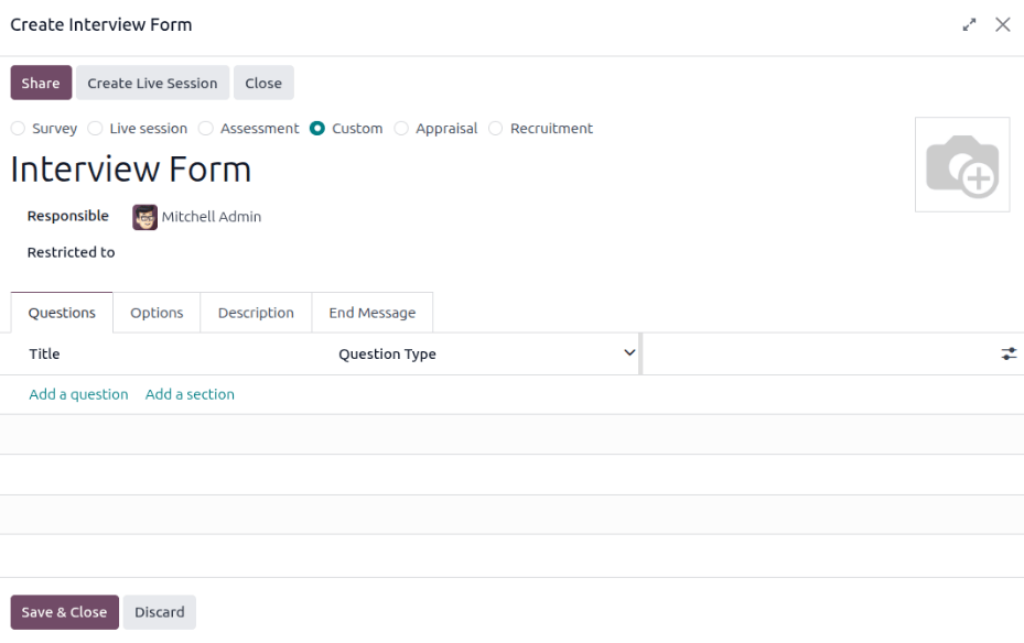The blank interview form pop-up window.