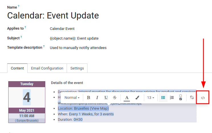 電郵範本中的 HTML 編輯器。